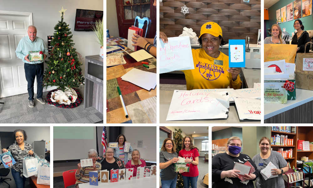 Volunteers create holiday cards for nursing home residents