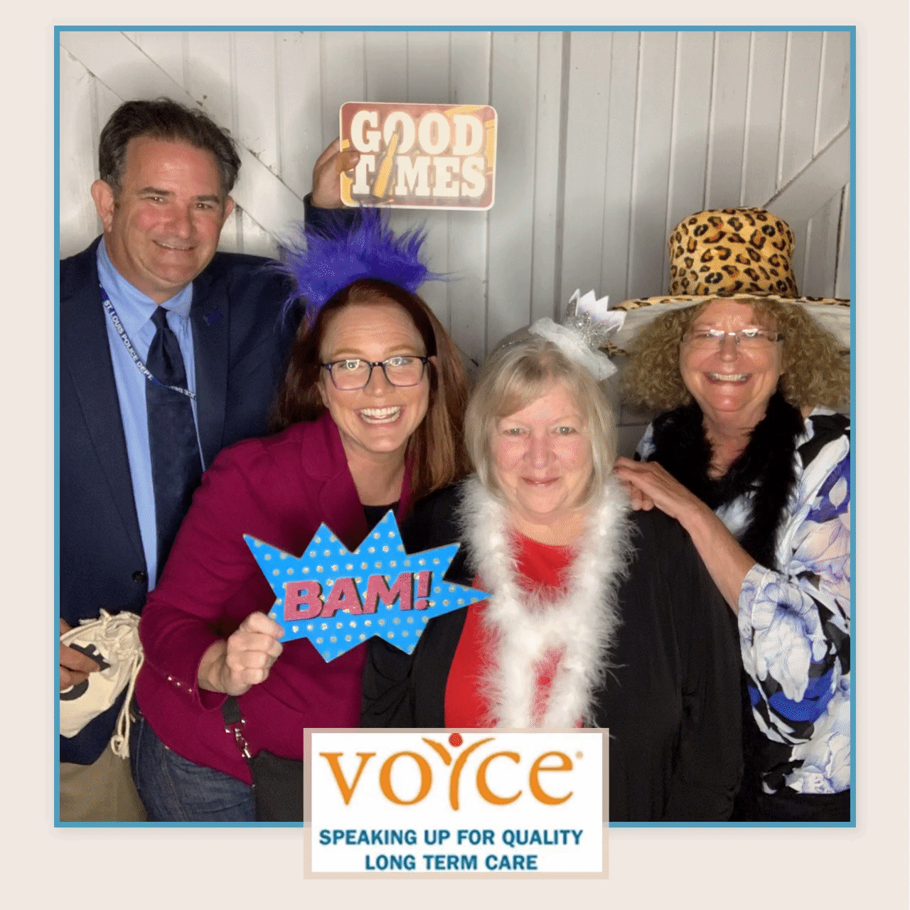 Board Treasurer Elizabeth Sergel and Friends pose with props at VOYCE Unplugged