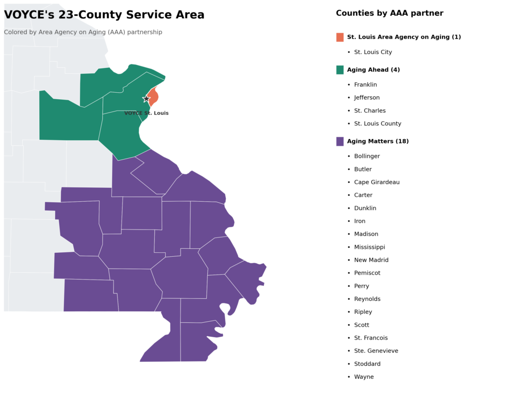 Map of Missouri showing VOYCE's 23-county service area color-coded by Area Agency on Aging partner